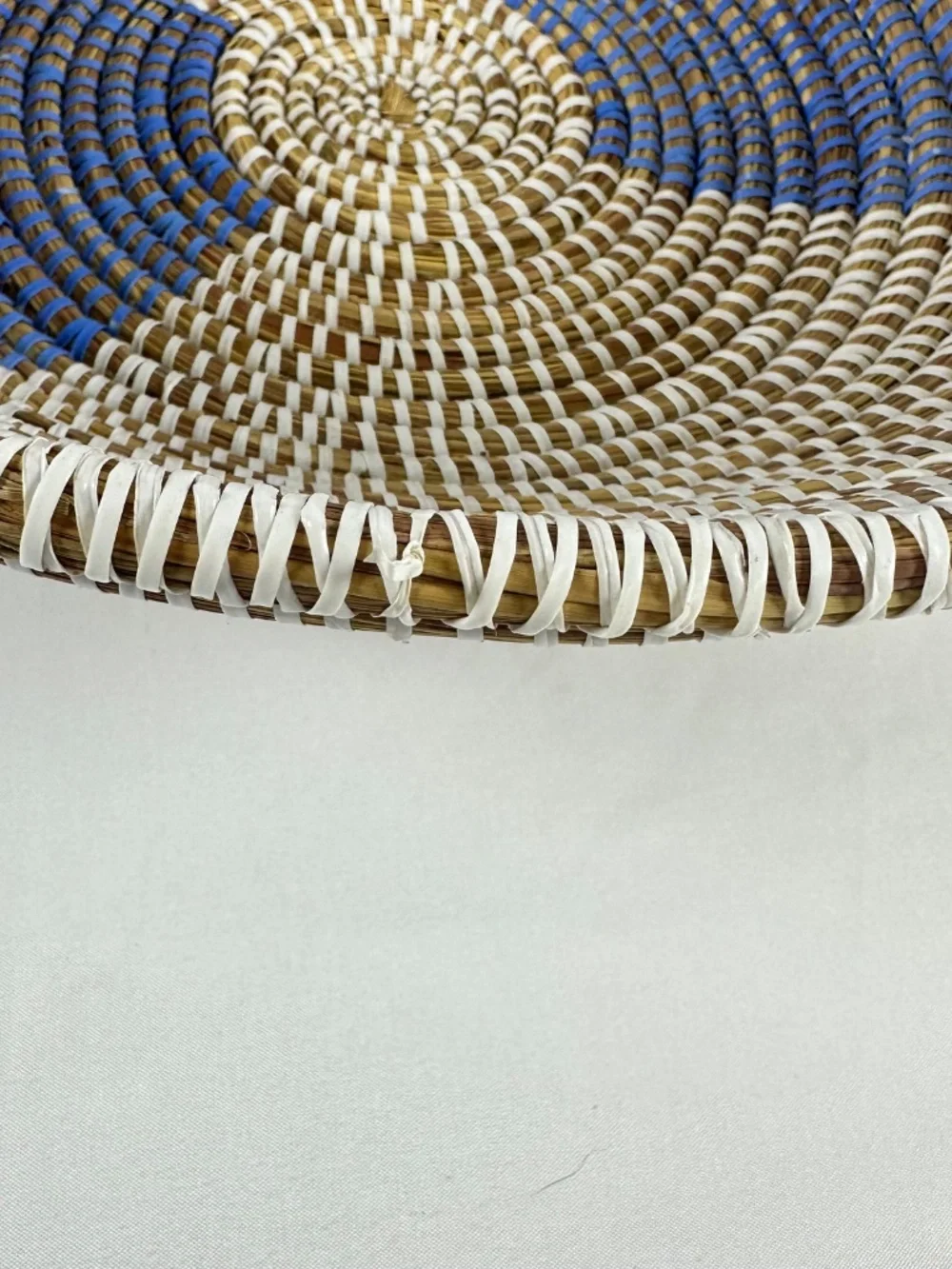 Straw & Plastic Weaved Decorative Basket/Bowl, Blue, White and Tan, Lightweight